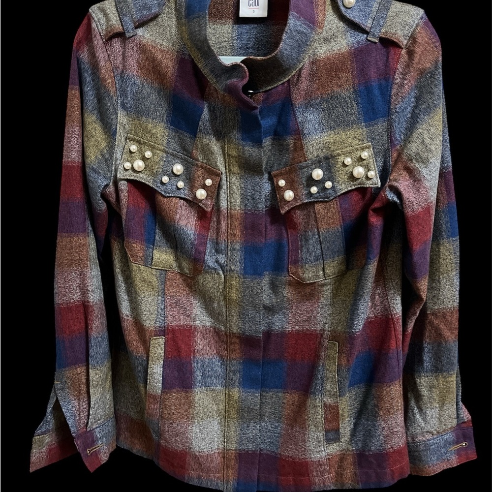 CAbi Multicolor Plaid Utility Jacket with Pearl Details